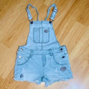 Cute Lightwash Shorts Overalls Coveralls Distressed Style Flower Embroidery